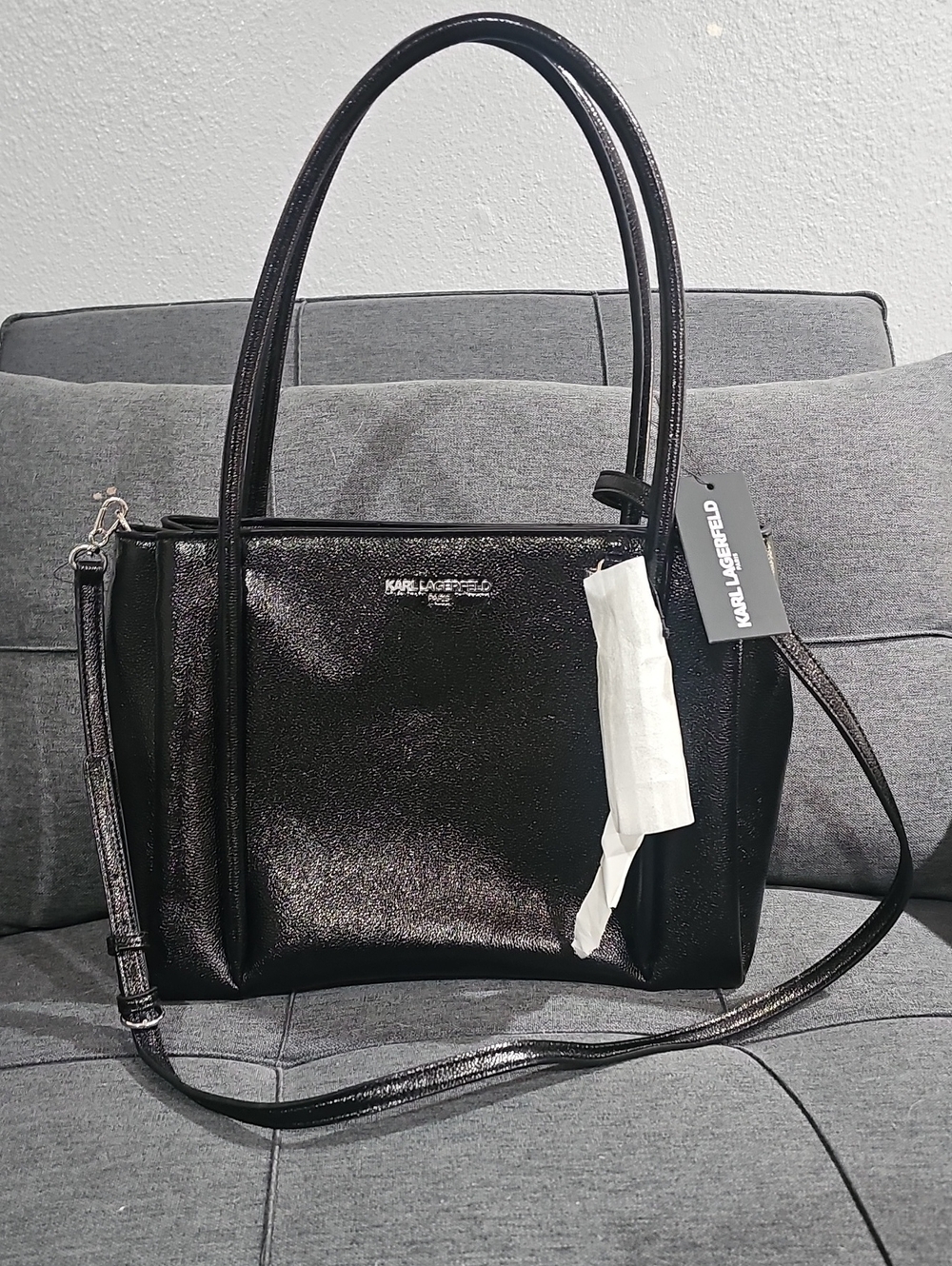 Karl Lagerfeld Shiny Black Patent Tote with Removable Strap